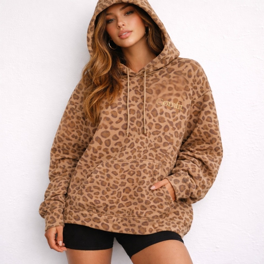 Comfrt Pullover Hoodie Women's Size XL Brown Leopard Print Kangaroo Pocket